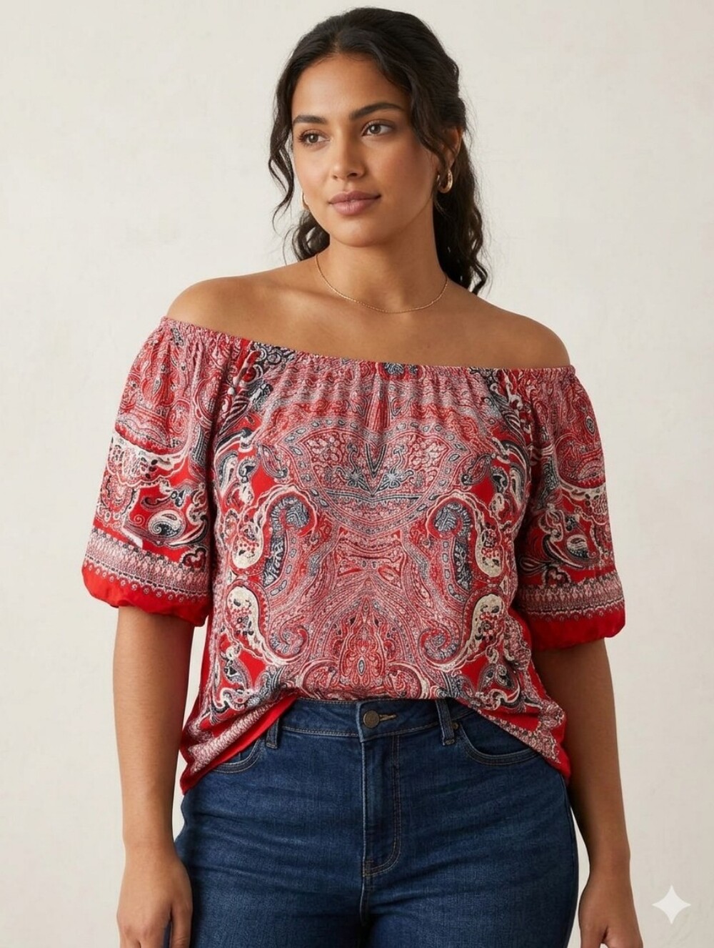 Cato Red Paisley Peasant Top with Black & White Accents